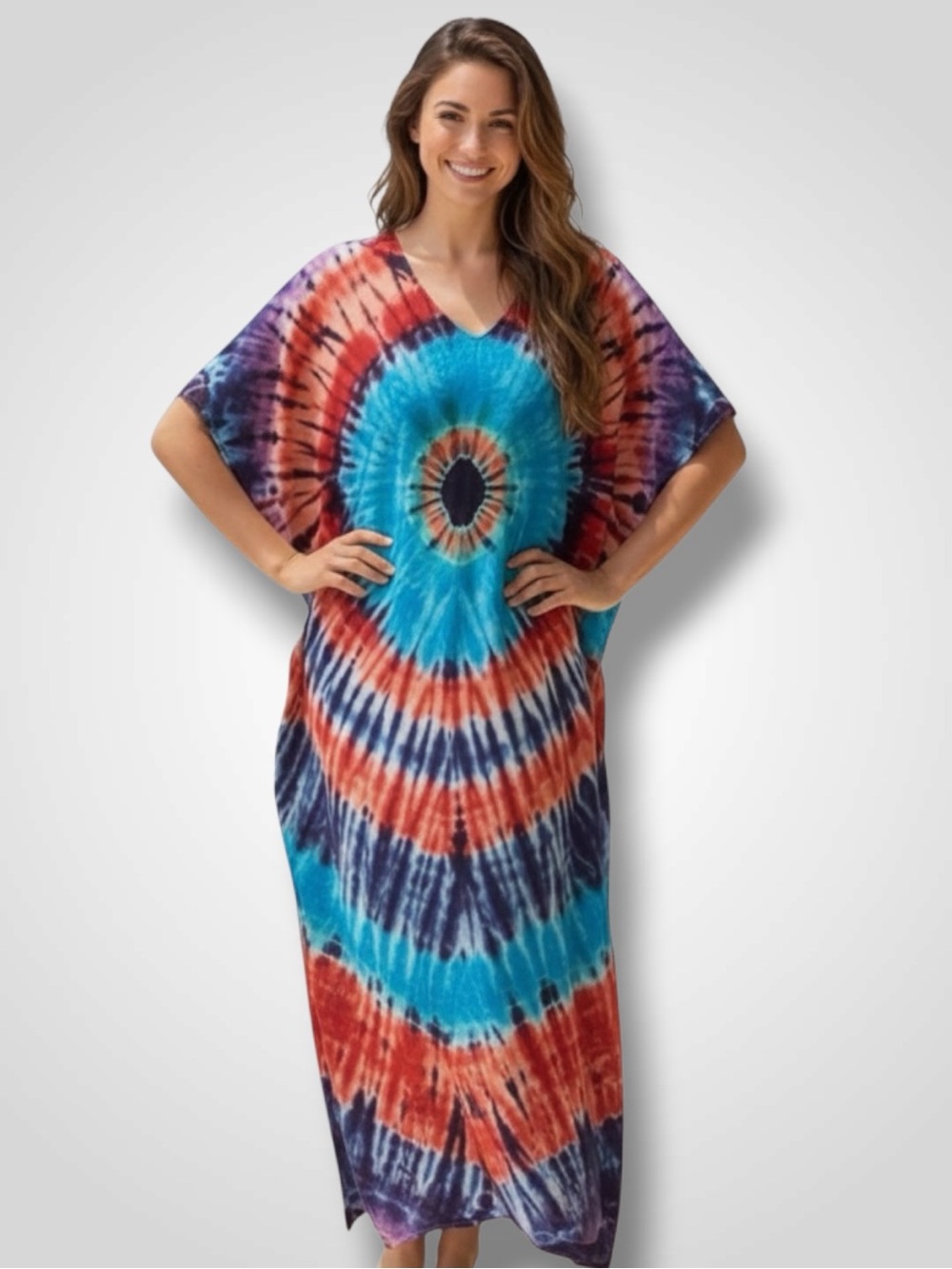 Boho Tie Dye Evil Eye Maxi Kaftan Dress Oversized Beach Coverup OS Plus NWT